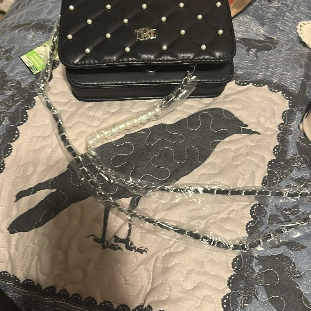 Badgley Mischka diamond quilted cross body with pearls black